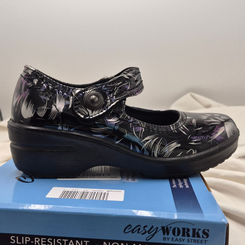 NEW Easy Works Letsee Black Silver Blue Metallic Floral Mary Jane Work Clogs 6M